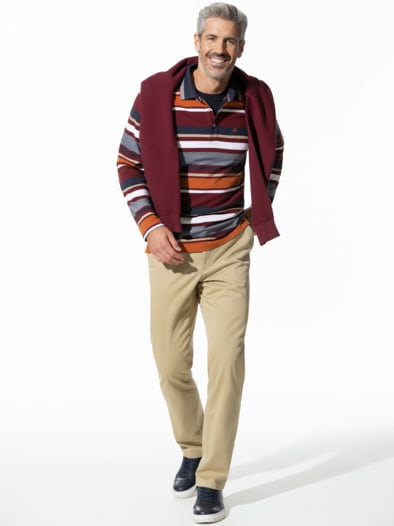 Extraglatt-Polo Thermoleicht Streifen Bordeaux