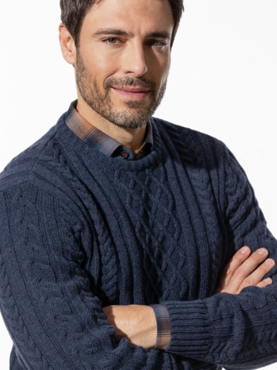 Aran-Pullover Jeansblau