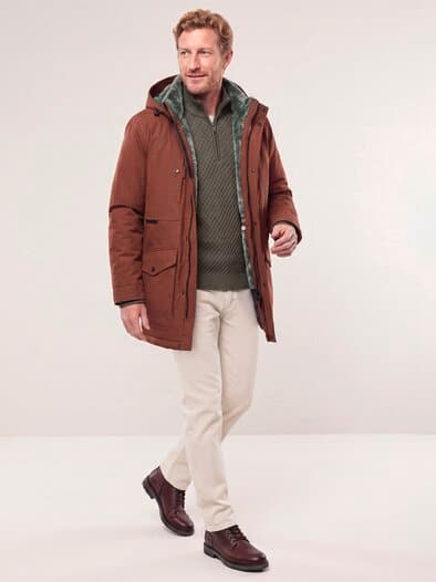Warme Langjacke mit Kunstfell Rotbraun