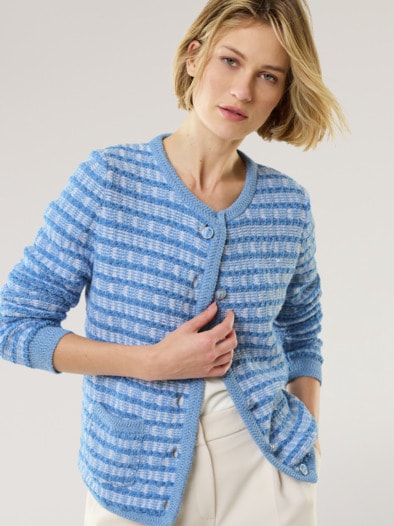 Strickjacke Bändchengarn Königsblau/Weiß