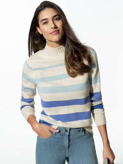 Cashmere-Seide-Pullover Streifenablauf Persischblau