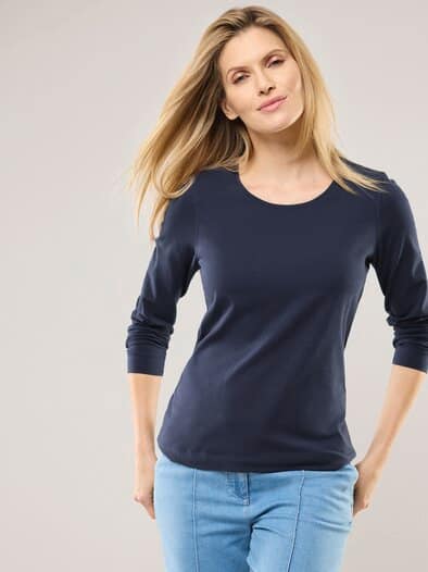 Baumwoll-Basic-Shirt Langarm Marine