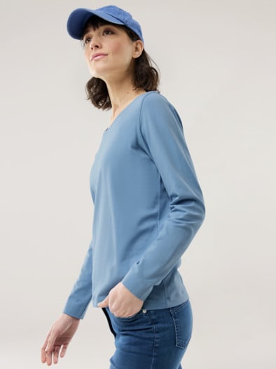 Baumwoll-Basic-Shirt Langarm Jeansblau