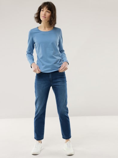 Baumwoll-Basic-Shirt Langarm Jeansblau