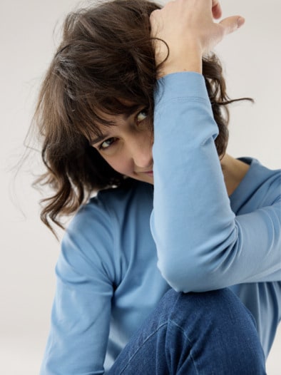 Baumwoll-Basic-Shirt Langarm Jeansblau