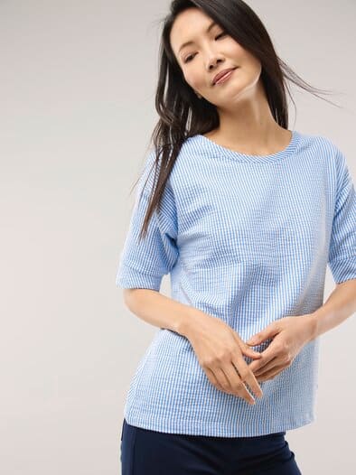 Streifenshirt Seersucker Meerblau