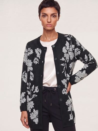 Jacquard Strickjacke mit Blütenmotiv Schwarz/Weiß