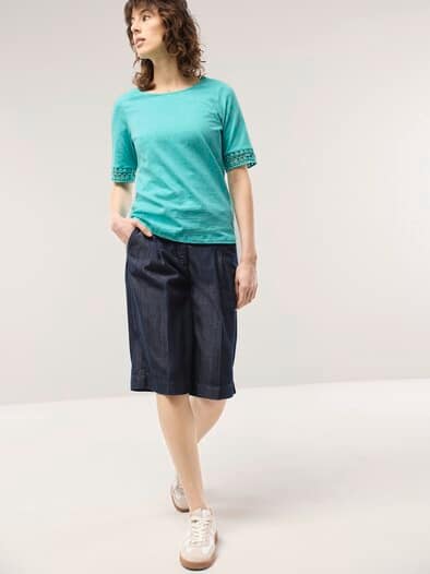 Baumwollshirt Dekospitze Wasserblau