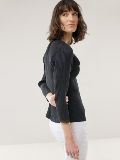 Rippshirt Spitzendetail Schwarz