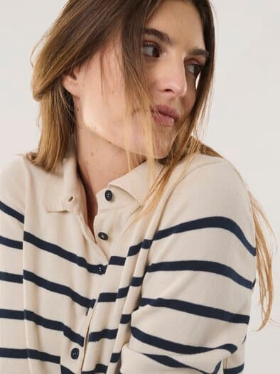 Polo-Pullover mit Seide Creme/Nachtblau