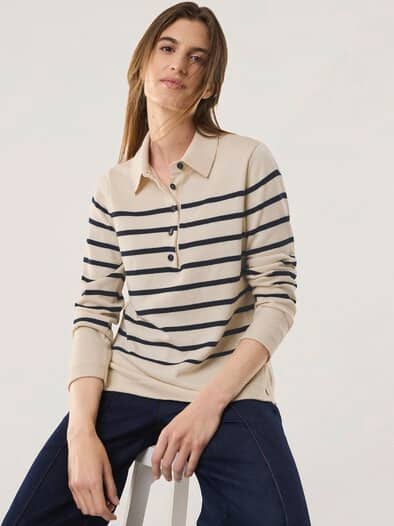 Polo-Pullover mit Seide Creme/Nachtblau