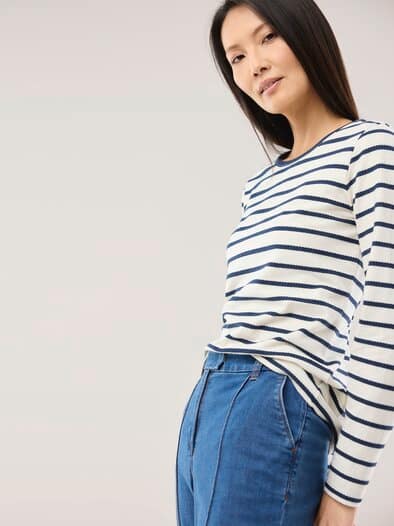 Baumwollshirt Ringelstruktur Offwhite/Nachtblau