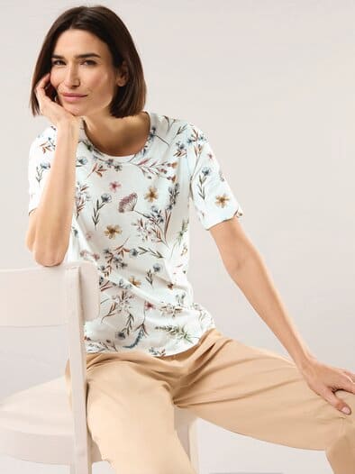 Baumwollshirt mit Blumen Weiß