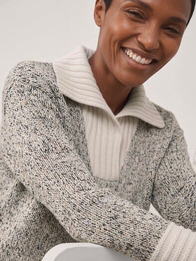 Tweed Pullover mit weitem Kragen Multicolor Creme