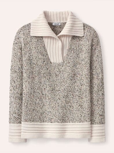 Tweed Pullover mit weitem Kragen Multicolor Creme