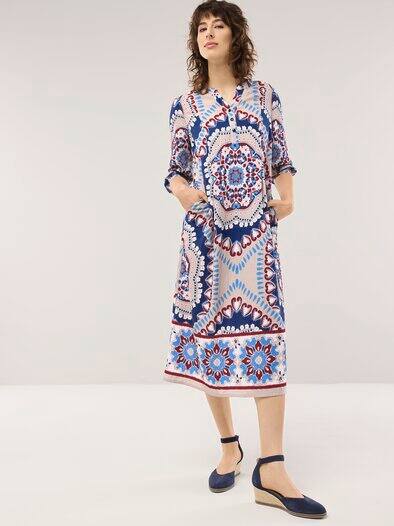 Midi Viskosekleid mit Bordüre Multicolor
