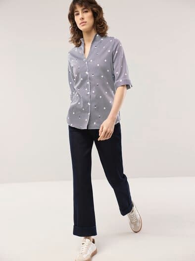 Extraglatt-Bluse Kelchkragen Tupfen Schwarz