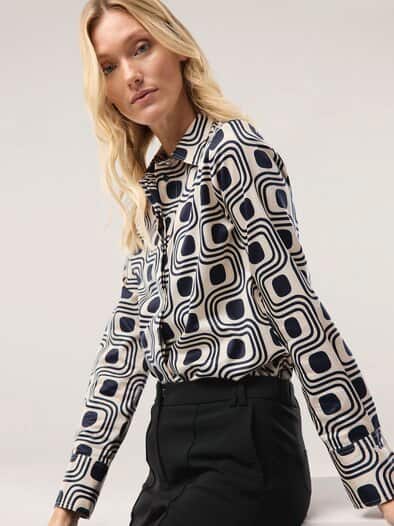 Baumwollbluse mit langer Manschette Grafik Creme