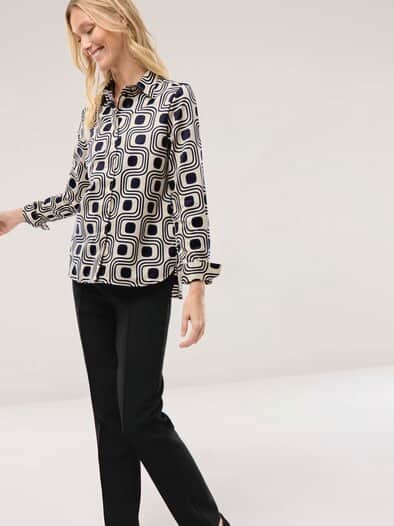 Baumwollbluse mit langer Manschette Grafik Creme