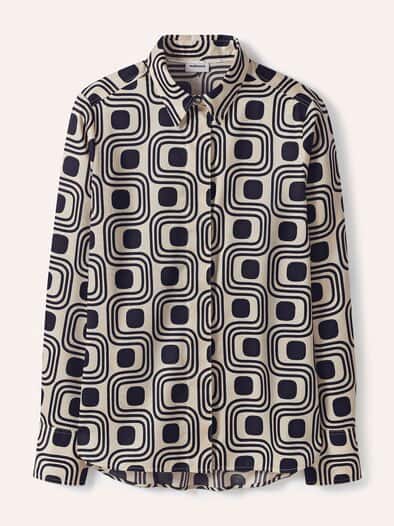 Baumwollbluse mit langer Manschette Grafik Creme