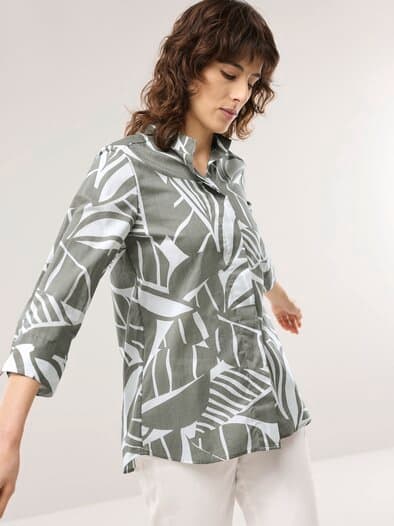 Tunika-Bluse mit Stehkragen Khaki Offwhite