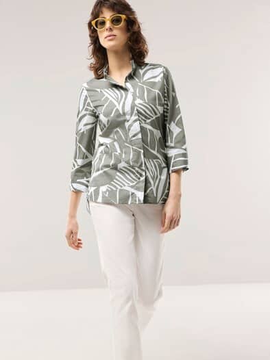 Tunika-Bluse mit Stehkragen Khaki Offwhite