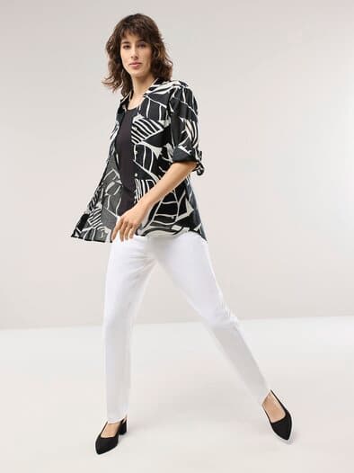 Tunika-Bluse mit Stehkragen Schwarz Offwhite