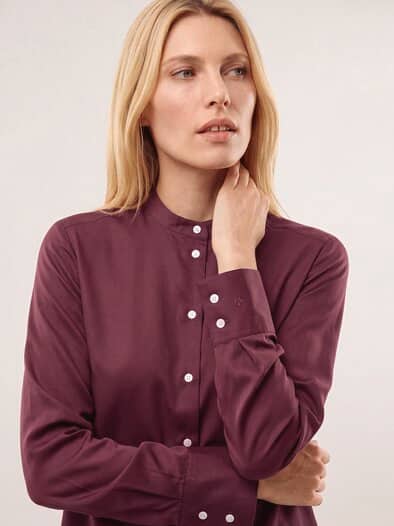 Bluse mit Stehkragen Baumwollsatin Uni Merlot
