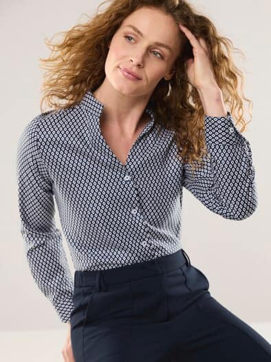 Extraglatt Stehkragen Bluse V-Auss Minimal Marine