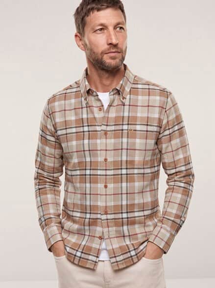 Hemd aus angerautem Baumwoll-Twill Karo Camel