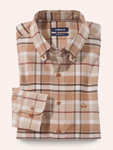 Hemd aus angerautem Baumwoll-Twill Karo Camel