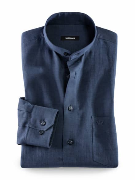 Stehkragen-Leinenhemd Blau