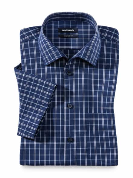 Extraglatt-Hemd Walbusch-Kragen Karo Marine