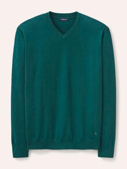 V-Pullover Merino Extrafein Blaugrün