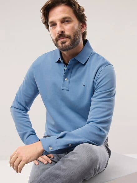 Jacquard Langarmpolo Mittelblau