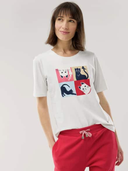Baumwollshirt Katzen Weiß Multicolor