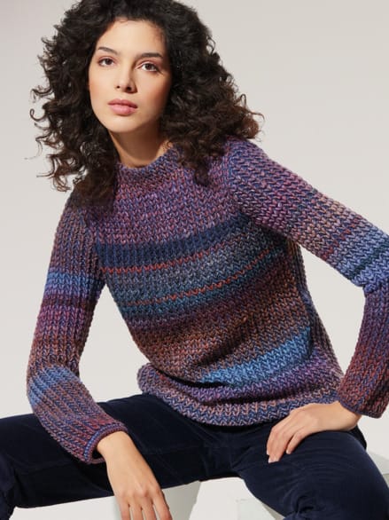 Grobstrick-Pullover Farbverlauf Tiefblau/Cognac