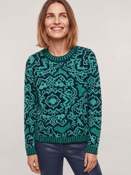 Edler Jacquard Pullover Merinomisch Dunkelpetrol