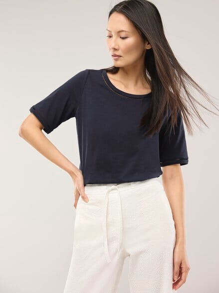 Baumwollshirt Lochstickereiband Nachtblau