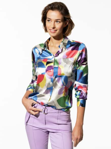 Seiden-Hemdbluse Edel-Basic Blau Gemustert Seiden-Hemdbluse Edel-Basic Blau Gemustert