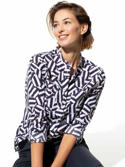 Extraglatt-Bluse Stehkragen Grafik Marine Extraglatt-Bluse Stehkragen Grafik Marine