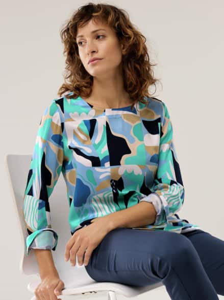 T-Shirt-Bluse Extra Leicht Grafik-Blätter Blau T-Shirt-Bluse Extra Leicht Grafik-Blätter Blau