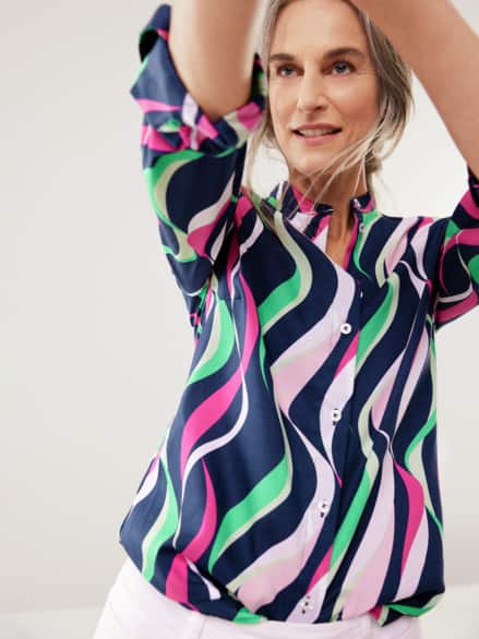 Extraglatt-Bluse Stehkragen Marine gemustert Extraglatt-Bluse Stehkragen Marine gemustert