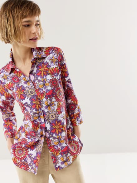 Klima-Bluse Edel-Leinen Rot Floral Klima-Bluse Edel-Leinen Rot Floral