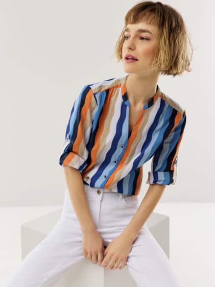 Baumwoll Bluse Krempelarm Streifen Blau Baumwoll Bluse Krempelarm Streifen Blau