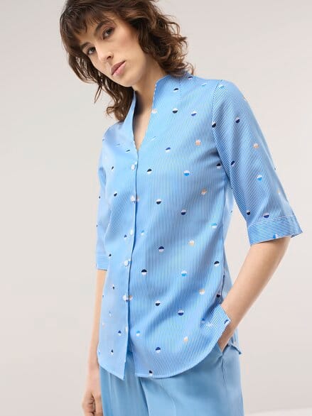 Extraglatt-Bluse Kelchkragen Tupfen Königsblau