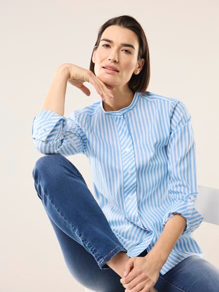 Extraglatt Stehkragen Bluse Meerblau gestreift
