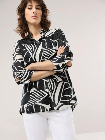 Tunika-Bluse mit Stehkragen Schwarz Offwhite