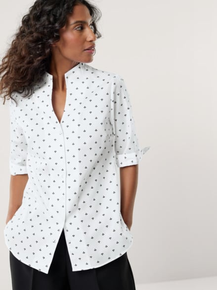 Extraglatt-Bluse Kelchkragen Minimal Weiß Marine