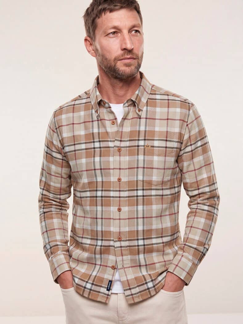 Hemd aus angerautem Baumwoll-Twill Karo Camel